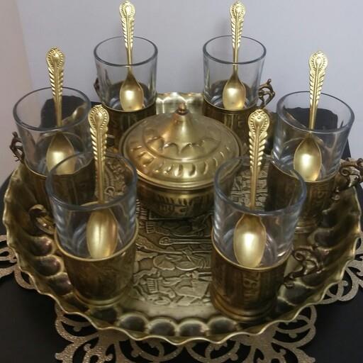 سرویس چایخوری برنجی قلمزنی 6 نفره رنگ آنتیک نانو شده جنس ضخیم